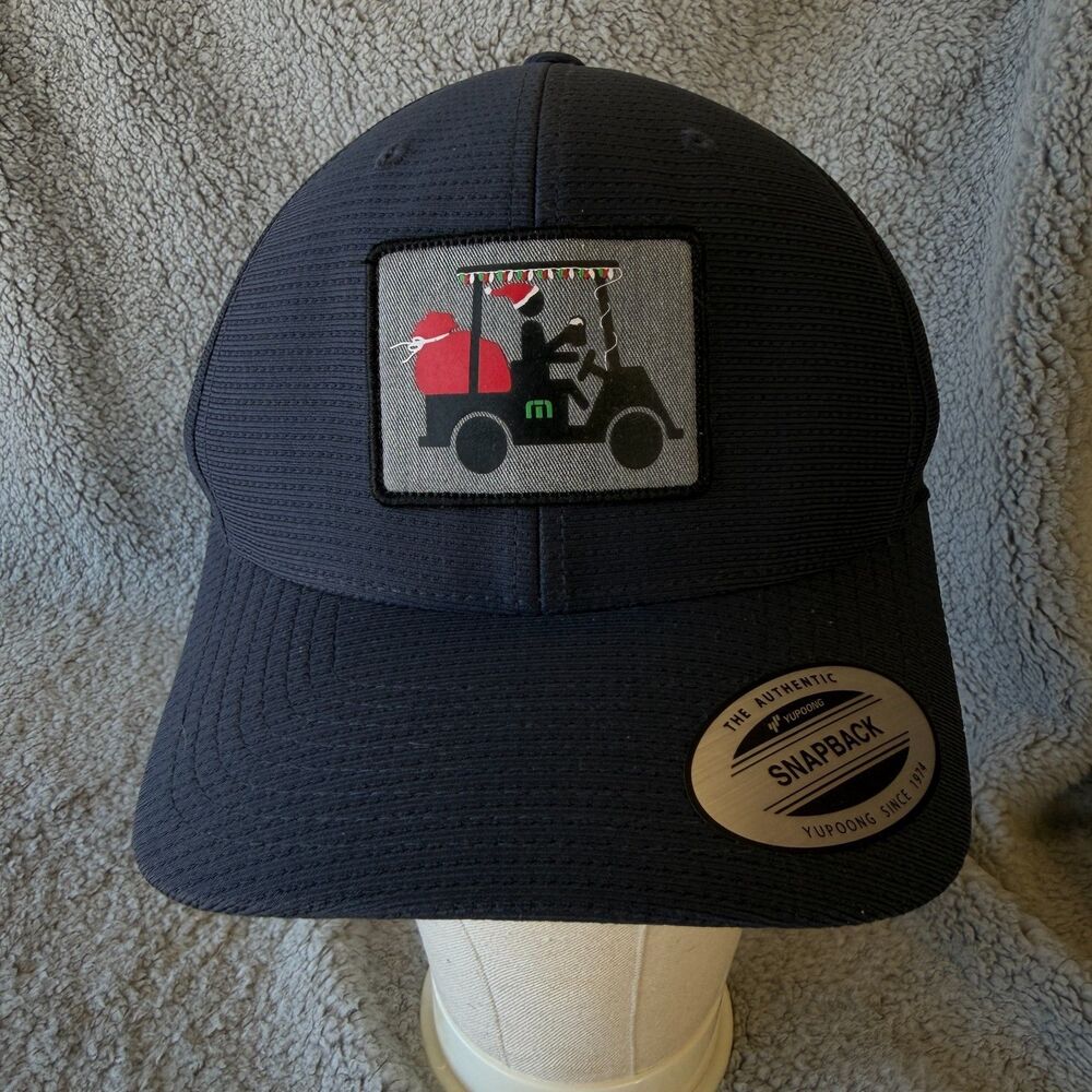 TRAVIS MATHEW Snapback Hat sz OS Christmas Santa Elf Sack on Golf Cart Yipee